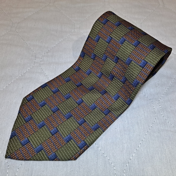 Gianfranco Ruffini 💯 Silk Designer Necktie 58" x 3.75" Green/Gold/Blue Squares - Picture 4 of 9